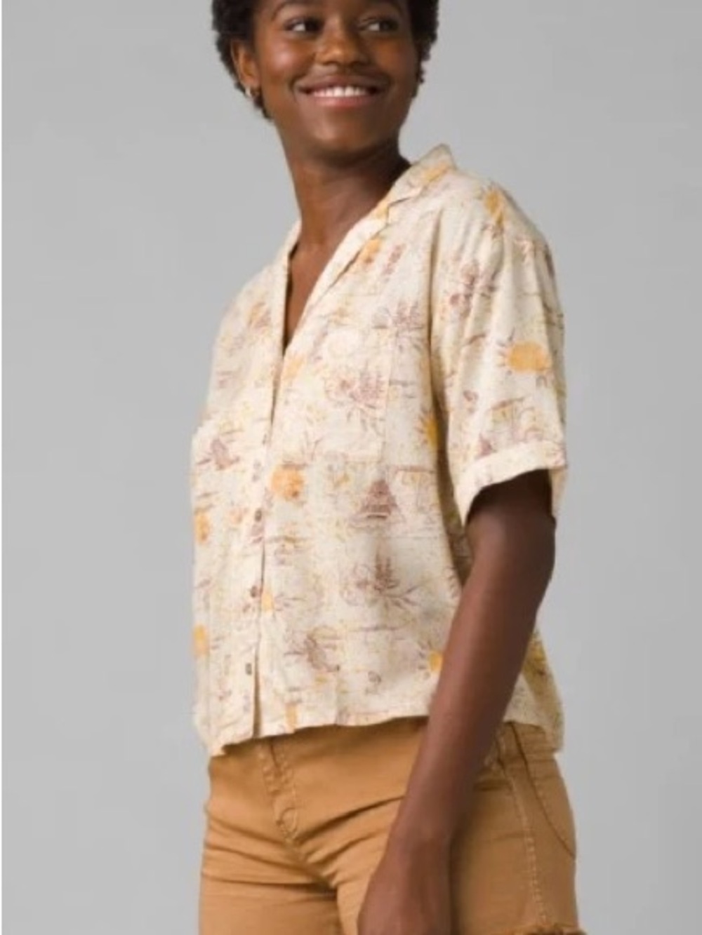 prAna Iguala Top 100% Tencel Modal Raccoon Fish Trout Jimothy Print Camp Shirt